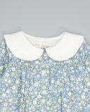 Blue floral viella dress with front button closure, white collar and yoke