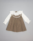 Brown herringbone pinafore dress with ruffle collar and ecru lace yoke