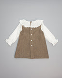 Brown herringbone pinafore dress with ruffle collar and ecru lace yoke