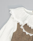 Brown herringbone pinafore dress with ruffle collar and ecru lace yoke