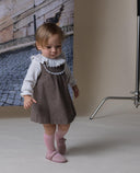 Brown herringbone pinafore dress with ruffle collar and ecru lace yoke