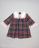 Burgundy and navy tartan dress with white sailor collar