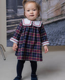Burgundy and navy tartan dress with white sailor collar