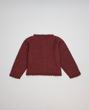 Burgundy knit cardigan with two small metallic contrast bows