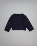 Navy knit cardigan with two small metallic contrast bows