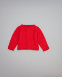 Chaqueta roja de tricot con dos pequeños lazos metalizados a contraste