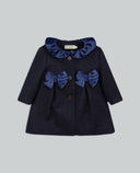 Navy wool blend coat with ruffle collar and velvet bows