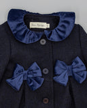 Navy wool blend coat with ruffle collar and velvet bows