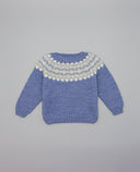 French blue merino wool sweater with grey and beige pattern