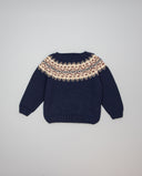 Jersey azul marino de lana merino con greca beige granate y topo