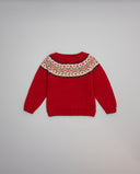 Jersey rojo de lana merino con greca beige y marino