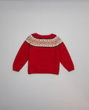 Jersey rojo de lana merino con greca beige y marino