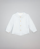 Blue boys cotton gingham shirt with collar and wooden buttons
