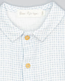 Blue boys cotton gingham shirt with collar and wooden buttons