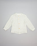 Boys double layer gauze striped shirt in blue and taupe with mao collar