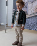 Boys double layer gauze striped shirt in blue and taupe with mao collar