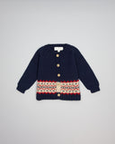 Navy merino wool cardigan with border pattern and coconut buttons
