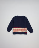 Navy merino wool cardigan with border pattern and coconut buttons