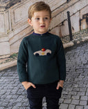 Green merino wool sweater with car intarsia