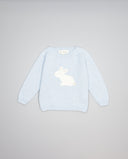 Blue cashmere sweater with beige and grey bunny intarsia