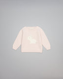 Jersey rosa de cashmere con intarsia de conejito beige y gris
