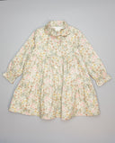 Vestido beige de viella floral con volantes y lazada en cuello