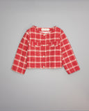 Chaqueta roja de tweed de cuadros con botones dorados y de nácar