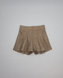 Brown herringbone shorts with front pleats and gathered back