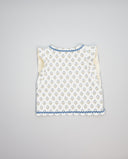 Chaleco azul floral con ondulina y lazo de chenilla