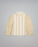 Camisa niña beige de algodón con guipur y entredoses