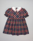 Blue and burgundy tartan dress with burgundy picot trim
