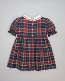 Blue and burgundy tartan dress with burgundy picot trim