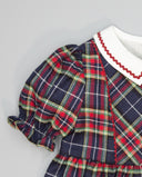 Blue and burgundy tartan dress with burgundy picot trim