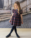 Blue and burgundy tartan dress with burgundy picot trim