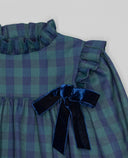 Girls checked dress with ruffled collar and velvet bow