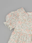 Vestido bebé niña blanco estampado floral rosa manga farol con detalles de encaje crudo