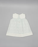 Vestido bebé niña sin mangas a rayas azul y blanco con cuello marinero festoneado y botones nacarados
