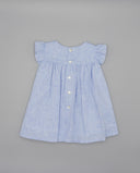 Vestido bebé niña azul celeste lino mangas volante botones blancos espalda plisado verano infantil