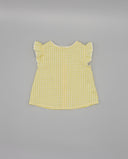 Blusa bebé niña vichy amarillo y blanco con manga volante y ribete ondulina, sin mangas, corte evasé