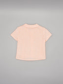Camisa bebé vichy naranja y blanco, manga corta, cuello redondo clásico, estampado cuadros pequeños