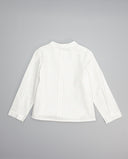 Camisa niño cuadros popelín blanca cuello mao manga larga, vista trasera sobre fondo gris