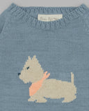 Jersey tricot bebé azul celeste Fina Ejerique con motivo perro jacquard en beige y salmón, cuello redondo.