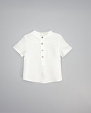 Camisa de lino blanca manga corta cuello mao con botones marrón para bebé niño