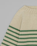 Jersey de punto tricot color crudo con rayas horizontales verdes en algodón y lino, detalle cuello y manga