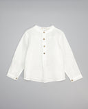 Camisa de lino blanca para niño, cuello mao, manga larga y botones marrón, Fina Ejerique