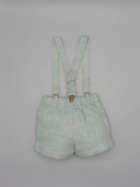 Bermuda infantil de lino verde menta con tirantes y pinzas metálicas doradas, cintura elástica, moda bebé niño