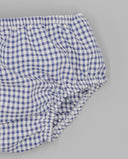 Cubrepañal bebé de tela vichy a cuadros pequeños en azul y blanco con cintura y perneras elásticas.