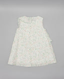 Vestido bebé niña sin mangas blanco con estampado floral de hojas verdes y flores rosas, cuello marinero y botones.