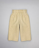 Pantalón culotte de lino lamé beige dorado con cintura elástica fruncida y pierna ancha para niña