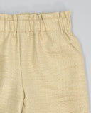 Pantalón de lino lamé beige dorado con cintura elástica fruncida y bolsillos laterales